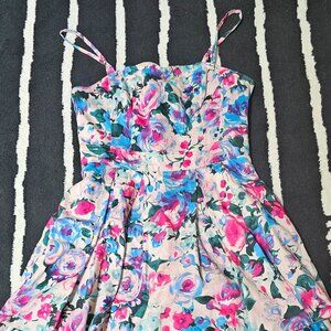 H&M Vintage Garden Party Floral Coquette Pink & Blue Rose Tulle Mini Dress